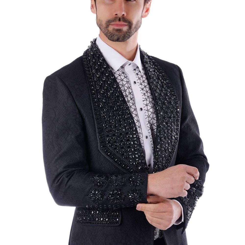 Elegant Black Embellished Men's Blazer - Picture 2 of 14